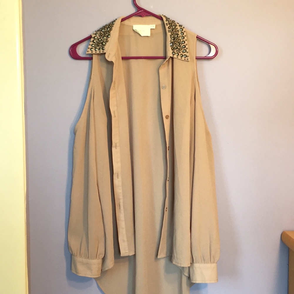 Open Shoulder Collared Button Down Sheer Top